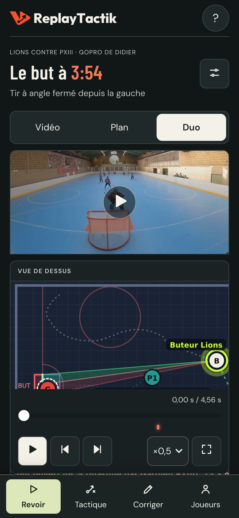 Aperçu réel de la démo ReplayTactik sur un écran mobile, avec vidéo, ralentis et navigation à quatre entrées